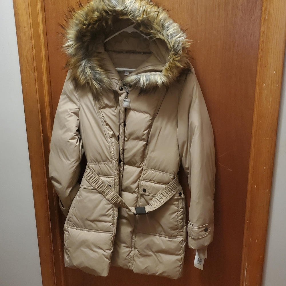 DKNY Downfeather Coat with Faux Fur Detachable hood.